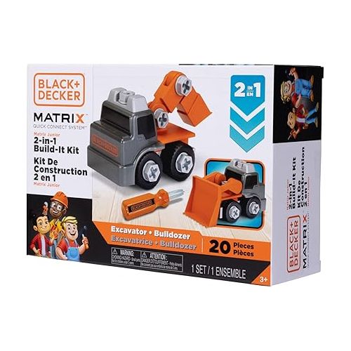  Black+Decker Matrix Jr.Kids Boys Play Tools 2-in-1 Build-It Kit: Excavator and Bulldozer 20 Piece Playset