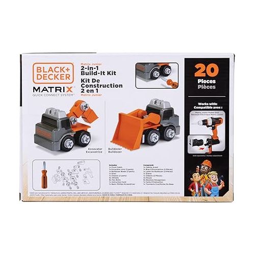  Black+Decker Matrix Jr.Kids Boys Play Tools 2-in-1 Build-It Kit: Excavator and Bulldozer 20 Piece Playset