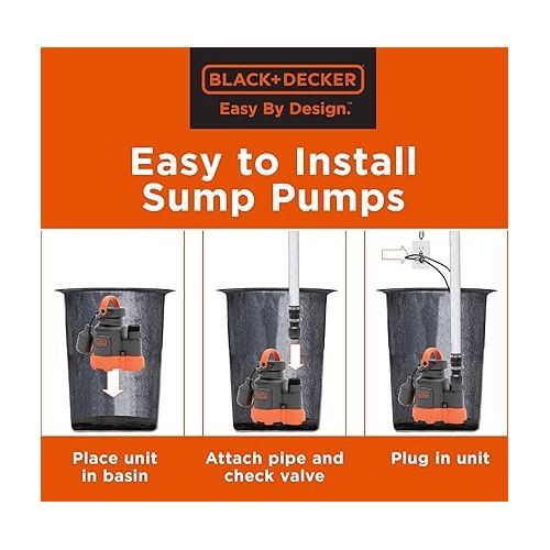  Black+Decker 1/4 HP Submersible Sump Pump, Pumps up to 2300 GPH