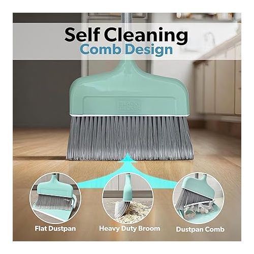  BLACK+DECKER Butler Broom & Dustpan Set - Short Handle, Stand-Up Design - Lightweight, Space-Saving Combo for Kitchen, Living Room, Bathroom, Lobby Floors - Home Cleaning Essential, Teal/Grey