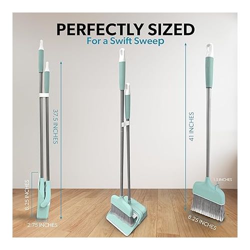  BLACK+DECKER Butler Broom & Dustpan Set - Short Handle, Stand-Up Design - Lightweight, Space-Saving Combo for Kitchen, Living Room, Bathroom, Lobby Floors - Home Cleaning Essential, Teal/Grey