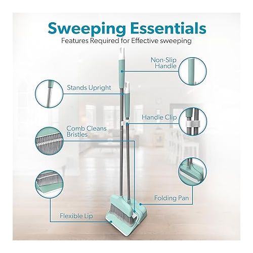  BLACK+DECKER Butler Broom & Dustpan Set - Short Handle, Stand-Up Design - Lightweight, Space-Saving Combo for Kitchen, Living Room, Bathroom, Lobby Floors - Home Cleaning Essential, Teal/Grey