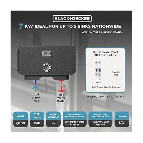  BLACK+DECKER 7kW / 240-V 1.6 GPM Tankless Electric Water Heater Up to 2 Sinks Nationwide or 1 Shower in Hot Climates…