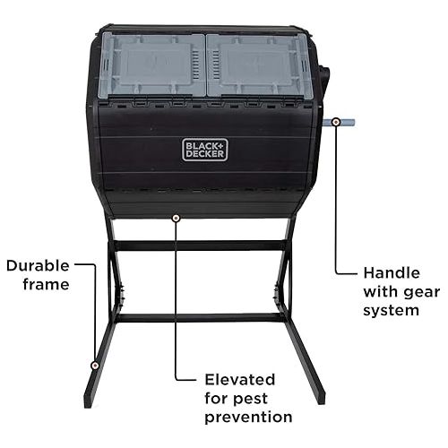  BLACK+DECKER Compost Tumbler, Dual Chamber Composter, 40 Gallon, Easy Handle System for Composting