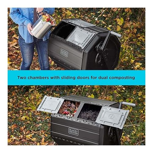  BLACK+DECKER Compost Tumbler, Dual Chamber Composter, 40 Gallon, Easy Handle System for Composting