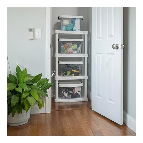  BLACK+DECKER, WHITE, 4-Tier Light Duty Storage Shelf, 50lbs/Shelf (47”H x 22.1”W x 14.3”D), Plastic Shelving Unit, Made in The USA