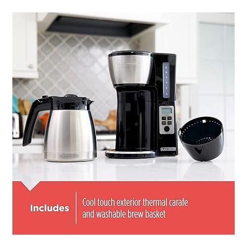 BLACK+DECKER 12 Cup Thermal Programmable Coffee Maker with Brew Strength and VORTEX Technology, Black/Steel, CM2046S