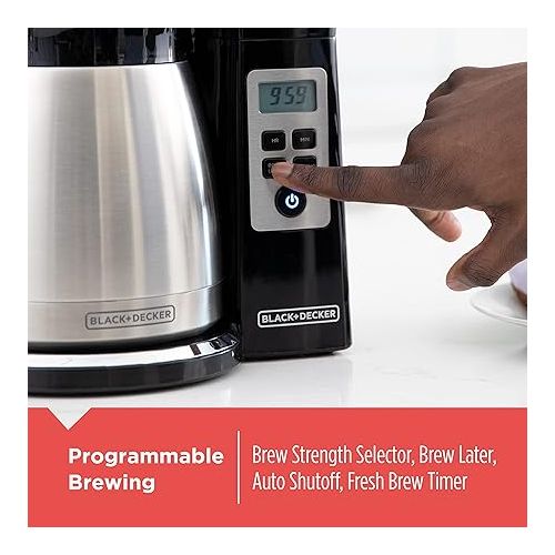  BLACK+DECKER 12 Cup Thermal Programmable Coffee Maker with Brew Strength and VORTEX Technology, Black/Steel, CM2046S