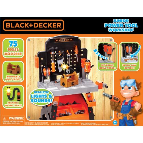  BLACK + DECKER Power Tool Workshop - Play Toy Workbench for Kids with Drill, Miter Saw and Working Flashlight - Build Your Own Tool Box  75 Realistic Toy Tools and Accessories