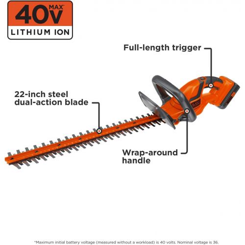  BLACK+DECKER 40V MAX Cordless Hedge Trimmer, 22-Inch (LHT2240CFF)