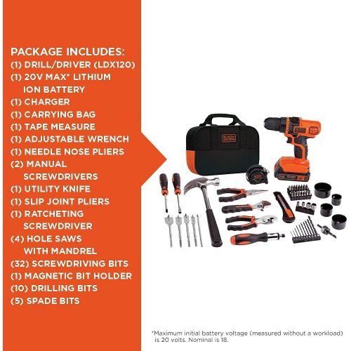  BLACK+DECKER 20V MAX Drill & Home Tool Kit, 68 Piece (LDX120PK),Black/Orange