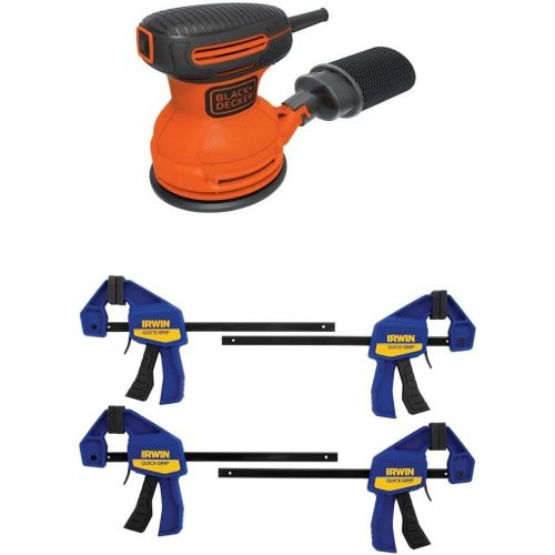  BLACK+DECKER Random Orbit Sander, 5-Inch with IRWIN QUICK-GRIP Clamps, One-Handed, Mini Bar, 6-Inch, 4-Pack (BDERO100 & 1964758)