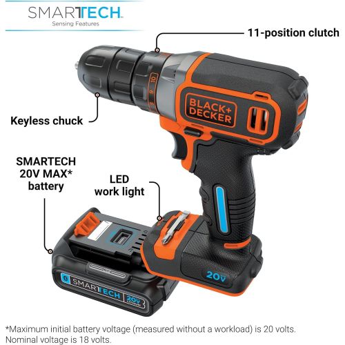  BLACK+DECKER 20V MAX Cordless Drill with SMARTECH, Single Speed (BDCDDBT120C)