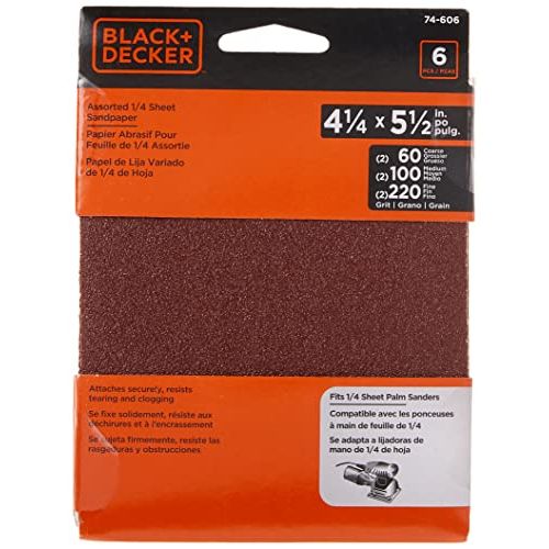  BLACK+DECKER Sandpaper Assortment, 1/4-Inch Sheet, 6-Pack (74-606)