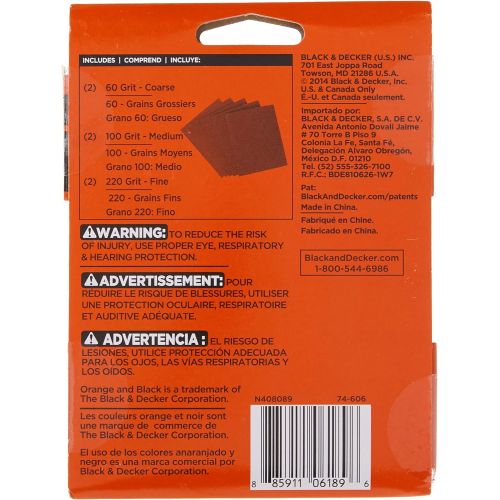  BLACK+DECKER Sandpaper Assortment, 1/4-Inch Sheet, 6-Pack (74-606)