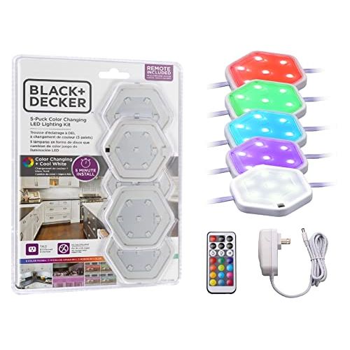  BLACK+DECKER LEDUC-PUCK-5RGB LED Puck Light Kit with Remote, Tool-Free Install, Dimmable, 5-Pack, RGBW (Red, Green, Blue, Cool White)