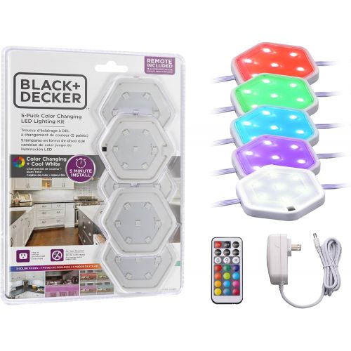  BLACK+DECKER LEDUC-PUCK-5RGB LED Puck Light Kit with Remote, Tool-Free Install, Dimmable, 5-Pack, RGBW (Red, Green, Blue, Cool White)