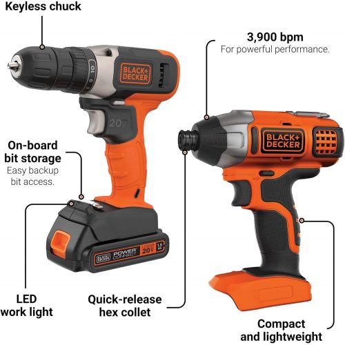  BLACK+DECKER 20V MAX Cordless Drill Combo Kit, 2-Tool (BD2KIT702IC)