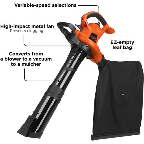  BLACK+DECKER (BV6600) 3-in-1 Electric Leaf Blower, Leaf Vacuum, Mulcher, 12-Amp