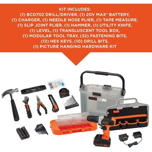  BLACK+DECKER 20V MAX Drill with Home Tool Kit, 66-Piece (BCKSB62C1)