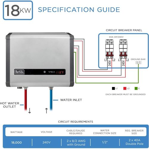  BLACK+DECKER Black and Decker 18 kW 3.7 GPM Electric Tankless Water Heater, Digital Self Modulating Hot Water Heater Electric