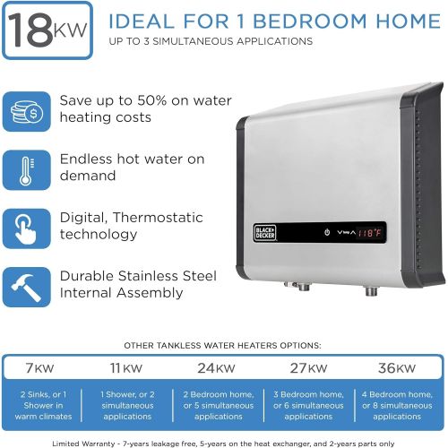  BLACK+DECKER Black and Decker 18 kW 3.7 GPM Electric Tankless Water Heater, Digital Self Modulating Hot Water Heater Electric