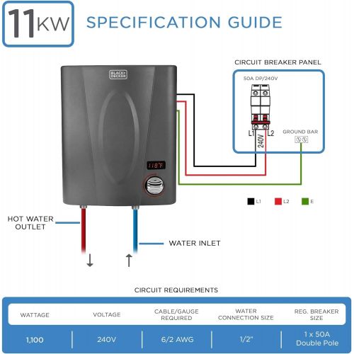  BLACK+DECKER 11 kW Self-Modulating 2.35 GPM Electric Tankless Water Heater, Point of Use hot water heater electric