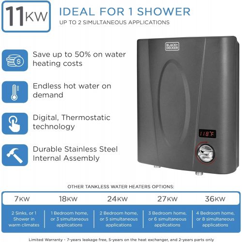  BLACK+DECKER 11 kW Self-Modulating 2.35 GPM Electric Tankless Water Heater, Point of Use hot water heater electric