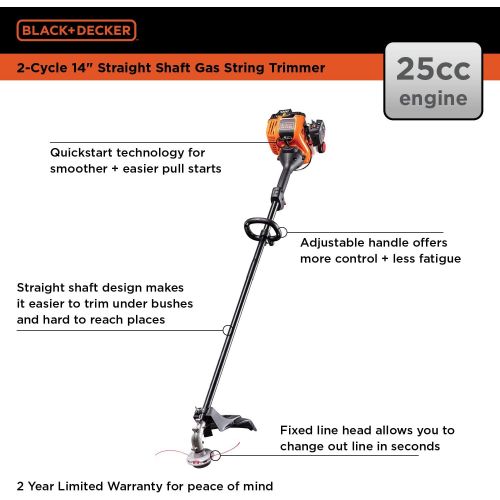  BLACK+DECKER BDXGTAM214102 25cc 2-Cycle 14-Inch Straight Shaft Gas Powered String Trimmer ? Light-weight Weed Wacker for Lawn Care, Black and Orange