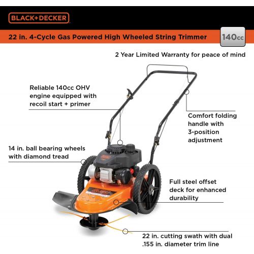  BLACK+DECKER 25A-26S5736 4-Cycle Gas Powered 22-Inch Walk-Behind High-Wheeled String Trimmer with 140cc OHV Engine, Black and Orange