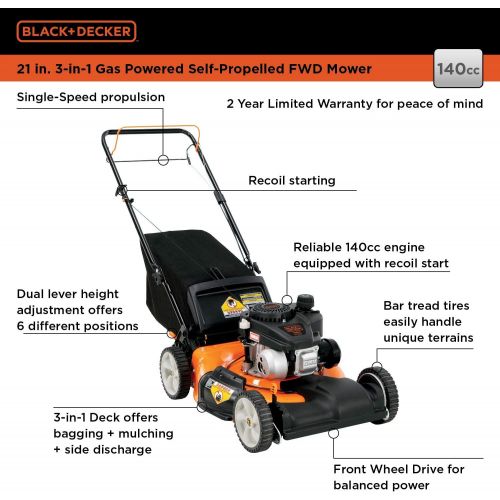  BLACK+DECKER 21-Inch 3-in-1 Gas Powered Push Lawn Mower with 140cc OHV Engine, Black and Orange