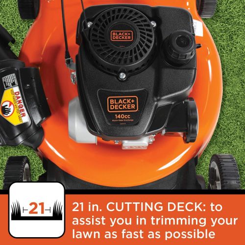  BLACK+DECKER 21-Inch 3-in-1 Gas Powered Push Lawn Mower with 140cc OHV Engine, Black and Orange