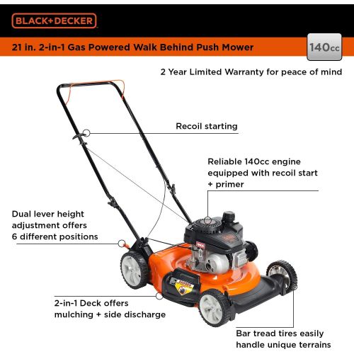  BLACK+DECKER 140cc OHV 21-Inch 2-in-1 Walk-Behind Push Gas Powered Lawn Mower - Perfect for Small to Medium Sized Yards - Side Discharge and Mulching Capabilities, Black and Orange