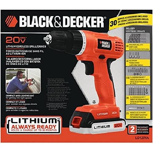  BLACK+DECKER 20V MAX Cordless Drill / Driver with 30-Piece Accessories (LD120VA) , Orange