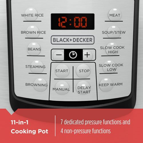  BLACK+DECKER 6 quart 11-in-1 Cooking Pot, Stainless Steel, Pressure Cooker, Slow Cooker, Multi-Cooker, PR100