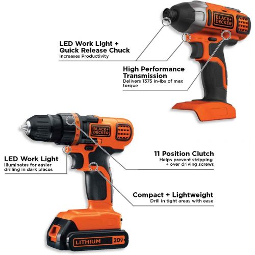  BLACK+DECKER 20V MAX Cordless Drill Combo Kit, 2-Tool (BD2KITCDDI),Black/Orange Impact Combo Kit