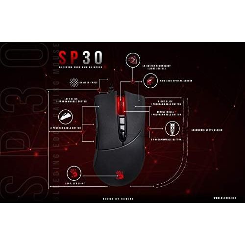  Bloody SP30 Ergonomic Optical Switch Gaming Mouse - Fastest Mouse Switch in Gaming - Enthusiast Grade 3360 Sensor - 8 Programmable Buttons - Non-Slip Rubberized Black - 12,000 DPI