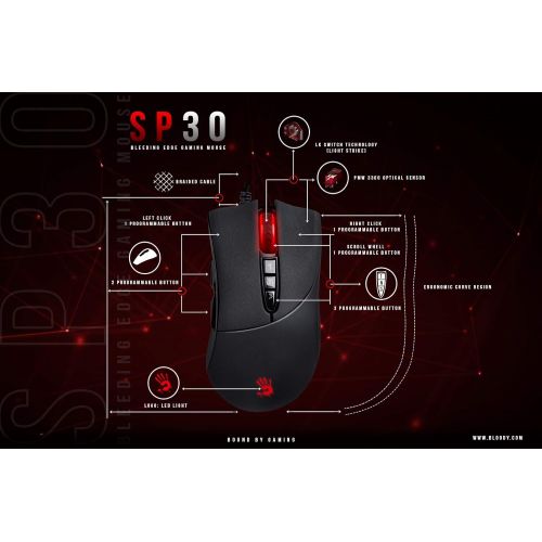  Bloody SP30 Ergonomic Optical Switch Gaming Mouse - Fastest Mouse Switch in Gaming - Enthusiast Grade 3360 Sensor - 8 Programmable Buttons - Non-Slip Rubberized Black - 12,000 DPI