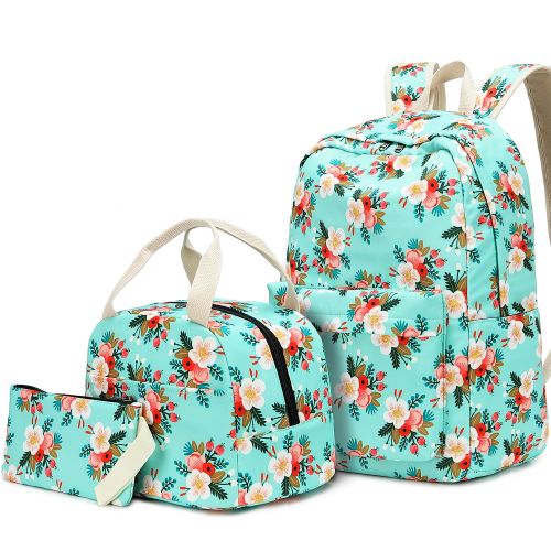  BLUBOON School Backpack Set Teen Girls Bookbags 15 inches Laptop Backpack Kids Lunch Tote Bag Clutch Purse (E0023 Floral Water Blue)