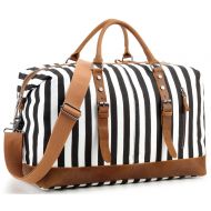 BLUBOON Overnight Bag Weekender Women Ladies Travel Duffel Bag Canvas Genuine Leather Luggage Weekend Tote (Black stripe)