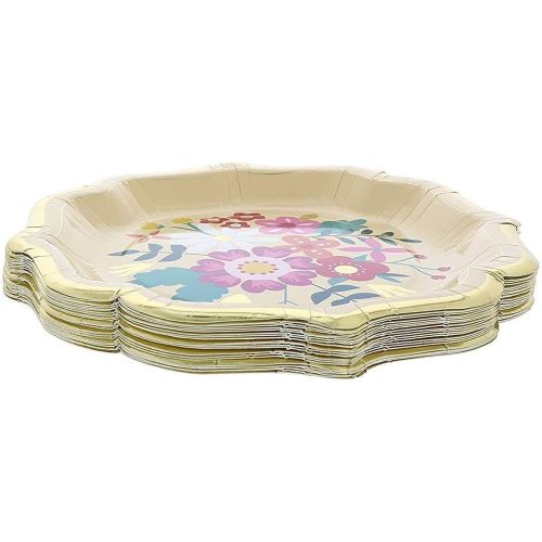  Blue Panda Disposable Plates - 24-Count Paper Plates, Vintage Floral Party Supplies for Appetizer, Lunch, Dinner, and Dessert, Bridal Showers, Weddings, Gold Foil Scalloped Edge Design, 9.2 x