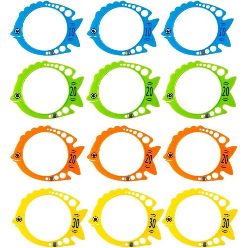  BLUE PANDA 12 Pack Fish Shaped Pool Diving Rings for Pool for Kids, Swimming Party Essentials, Multicolored Pool Sinking Toys (7 x 6 in)