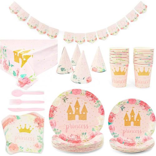  BLUE PANDA 194 Pieces Princess Themed Birthday Party Decorations with Dinnerware, Banner, and Hats (Serves 24)