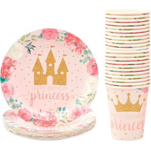  BLUE PANDA 194 Pieces Princess Themed Birthday Party Decorations with Dinnerware, Banner, and Hats (Serves 24)