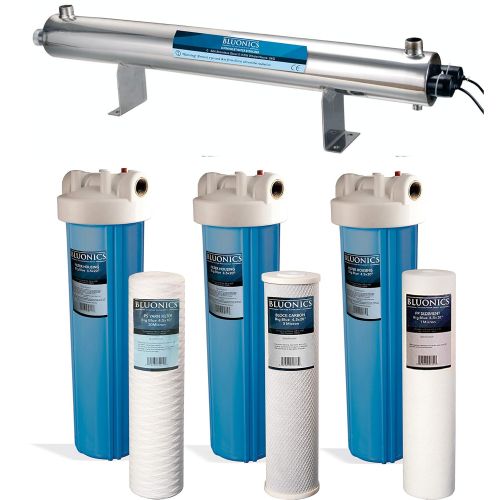  Bluonics 110W UV Ultraviolet Light + Sediment & Carbon Well Water Filter Purifier System with NPT 1 Ports 24 GPM UV Sterilizer with 3 Filter Size 4.5 x 20 Filters