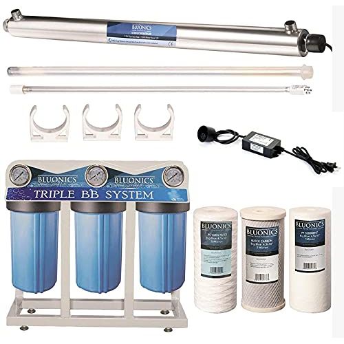  55W UV Ultraviolet Light + Sediment & Carbon Well Water Filter Purifier System with 3/4 Ports 12 GPM UV Sterilizer with Bluonics Water Filter Housing System Size 4.5 x 10 Filters