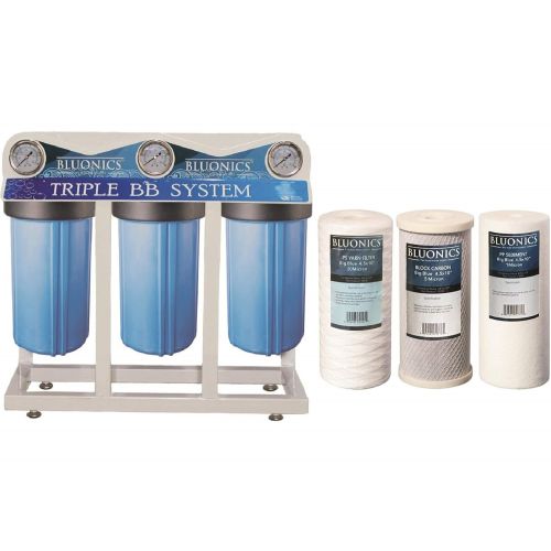  55W UV Ultraviolet Light + Sediment & Carbon Well Water Filter Purifier System with 3/4 Ports 12 GPM UV Sterilizer with Bluonics Water Filter Housing System Size 4.5 x 10 Filters