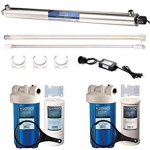  BLUONICS 55W UV Ultraviolet Light + Sediment & Carbon Well Water Filter Purifier System 12 GPM UV Sterilizer with Housing Size 4.5 x 10 Filters