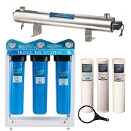 BLUONICS 110W Well Water Whole House Filtration Purifier System UV Ultraviolet Light + Sediment & Carbon with NPT 1 Ports 24 GPM UV Sterilizer with 3 Housing Size 4.5 x 20 Filters