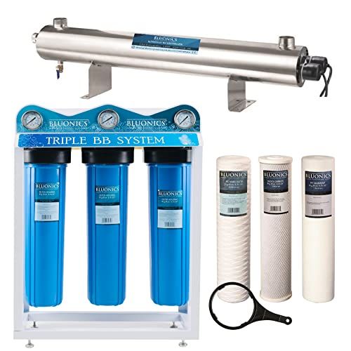  BLUONICS 110W Well Water Whole House Filtration Purifier System UV Ultraviolet Light + Sediment & Carbon with NPT 1 Ports 24 GPM UV Sterilizer with 3 Housing Size 4.5 x 20 Filters